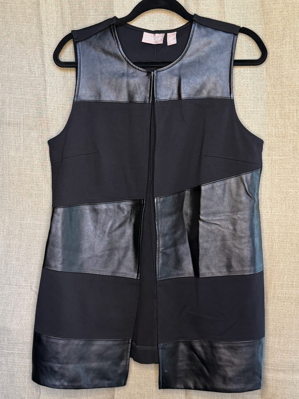 Chico’s Black Faux Leather Panel Long Vest